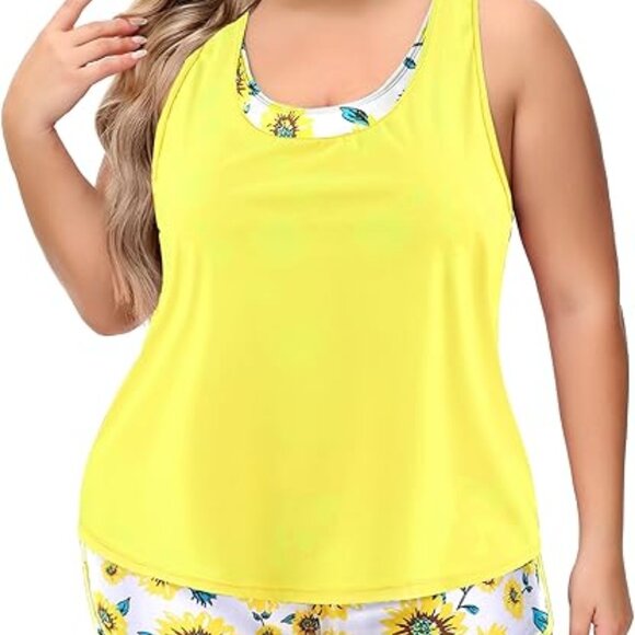 2pc Womens Plus Size Tankini Swimsuits Athletic Bathing Suit Boy Short - Picture 2 of 10